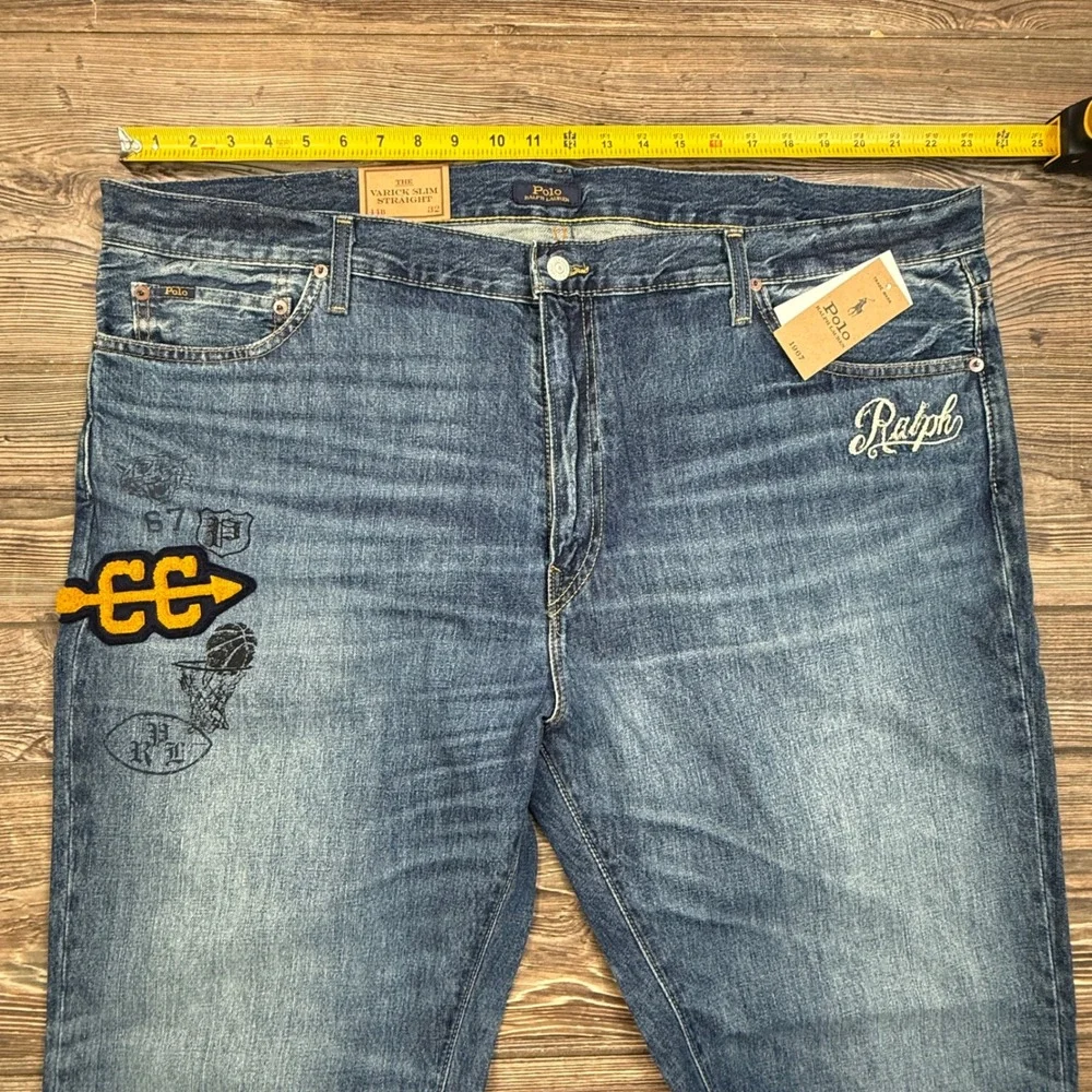 Polo Ralph Lauren Mens 44Bx32 Varick Slim Straight Jeans Blue Graphic Patch NWT